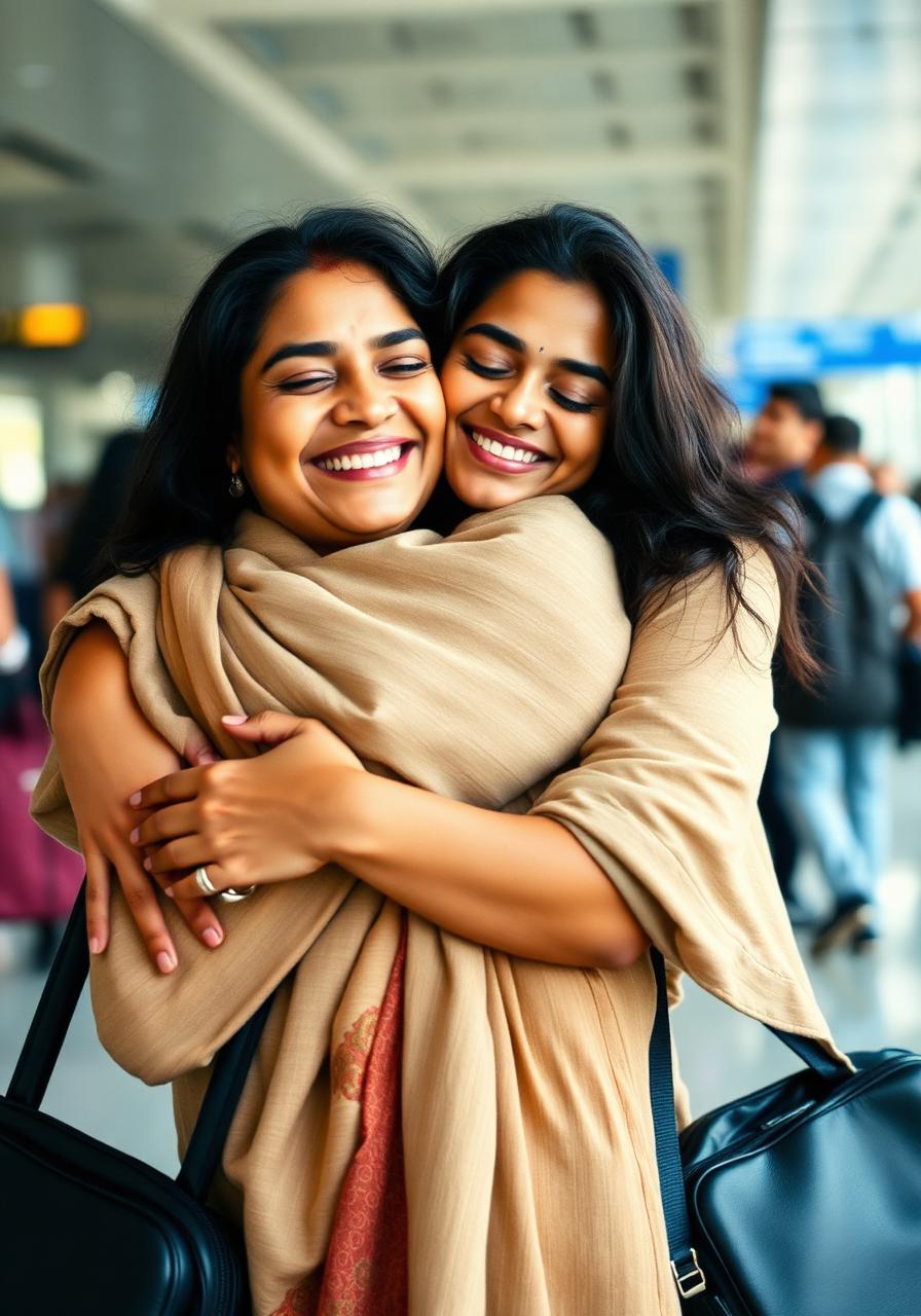 Two friends embracing at the airport