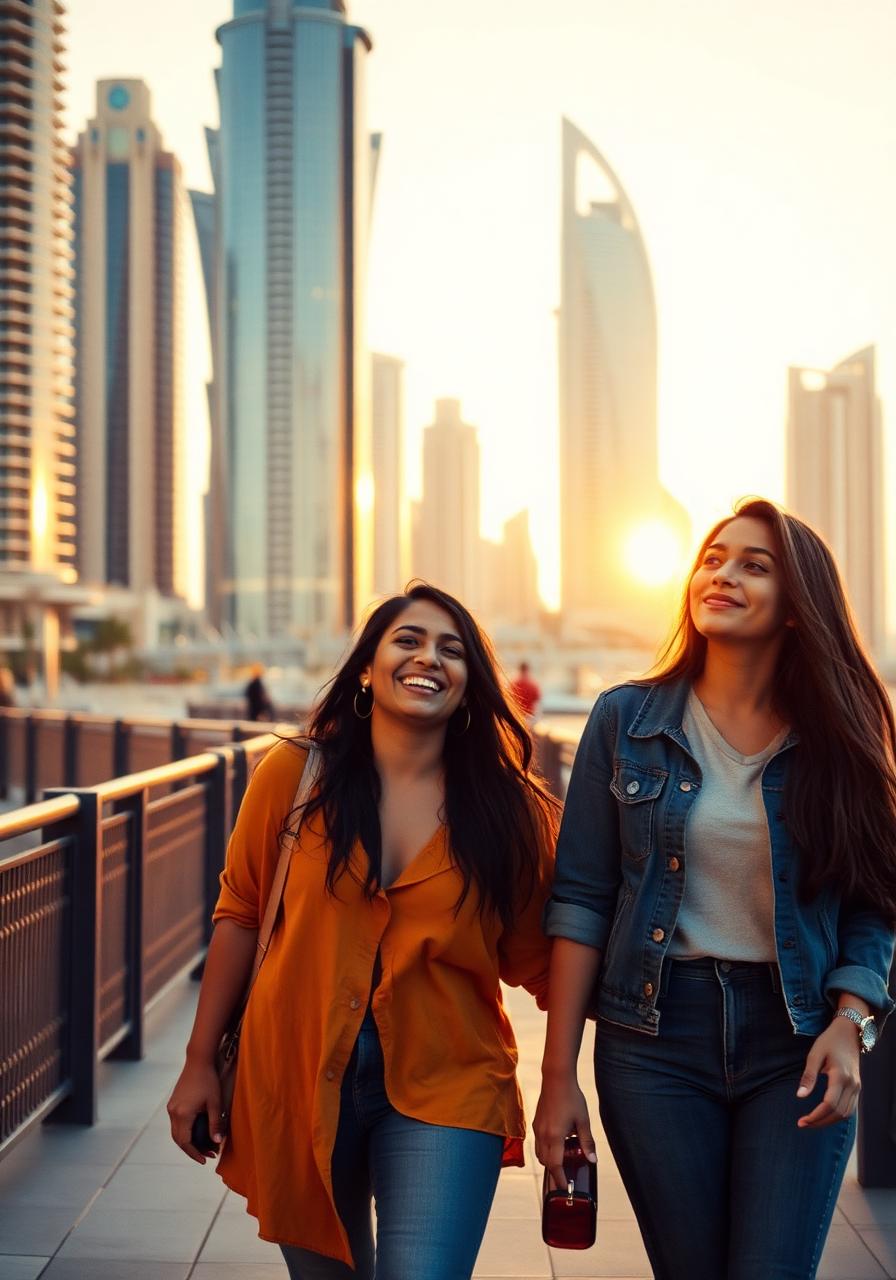Friends walking Dubai Marina at sunset